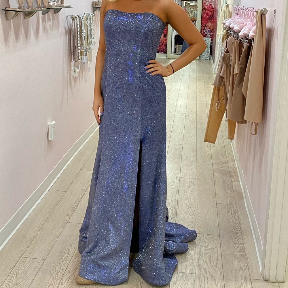 Sherri Hill Blue Sparkly Strapless Prom Dress